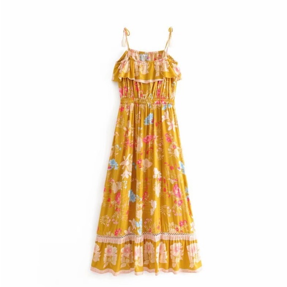 Boho floral print mustard ruffle cami maxi dress - Picture 3 of 3